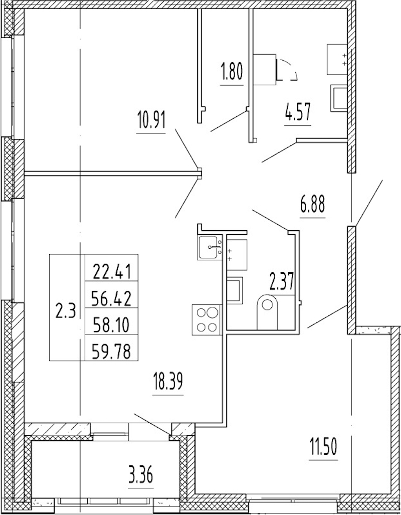 2-комнатная квартира 56.42 м², 1/11 эт., ЖК «Полис Приморский 2»